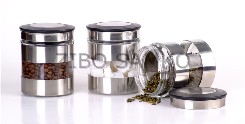 Glass food storage jar with stainless coating